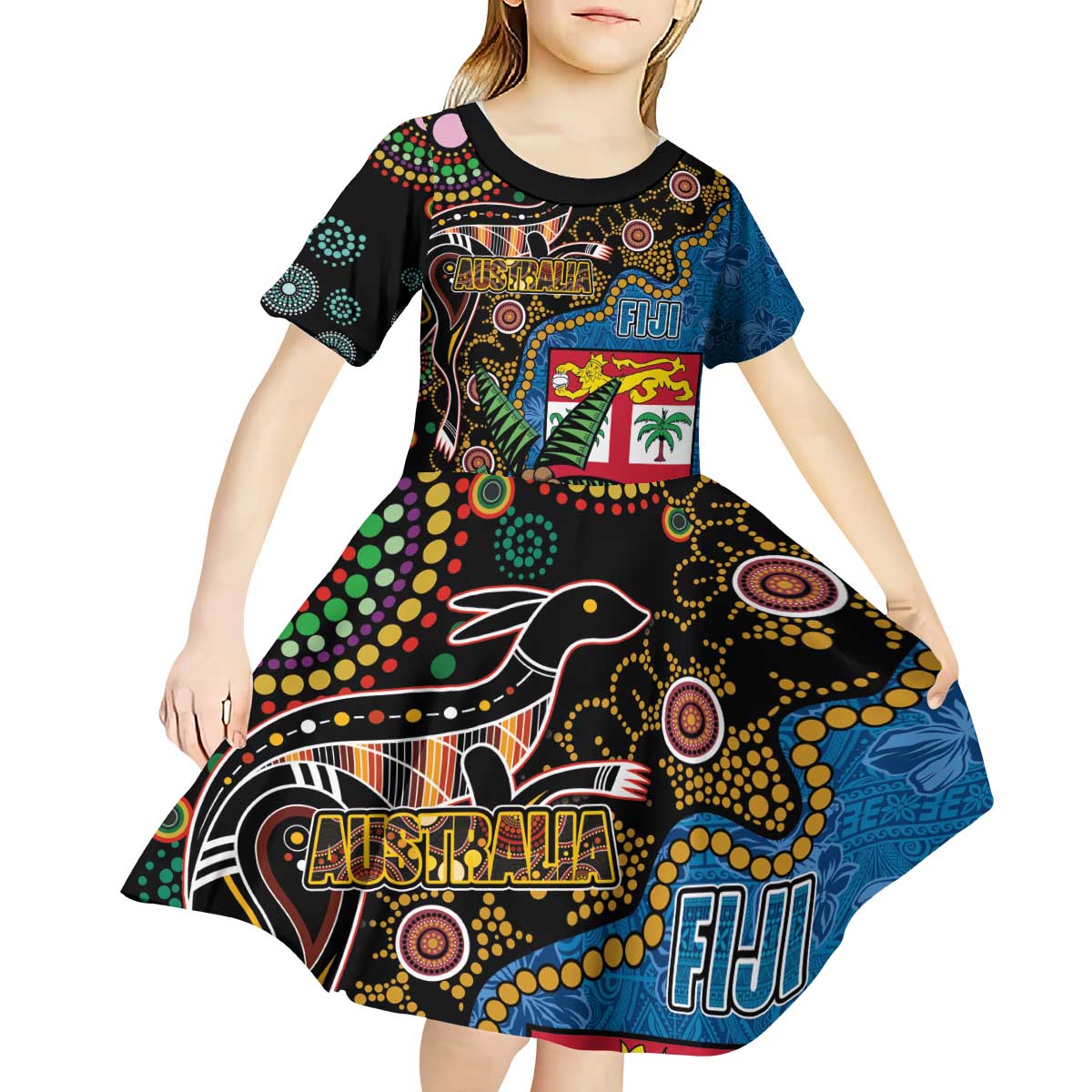 Fijian and Australian Culture Together Kid Short Sleeve Dress Aboriginal Art and Tapa Motifs with Kangaroo and Palm Tree LT03 - Polynesian Pride