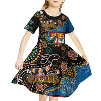 Fijian and Australian Culture Together Kid Short Sleeve Dress Aboriginal Art and Tapa Motifs with Kangaroo and Palm Tree LT03 - Polynesian Pride