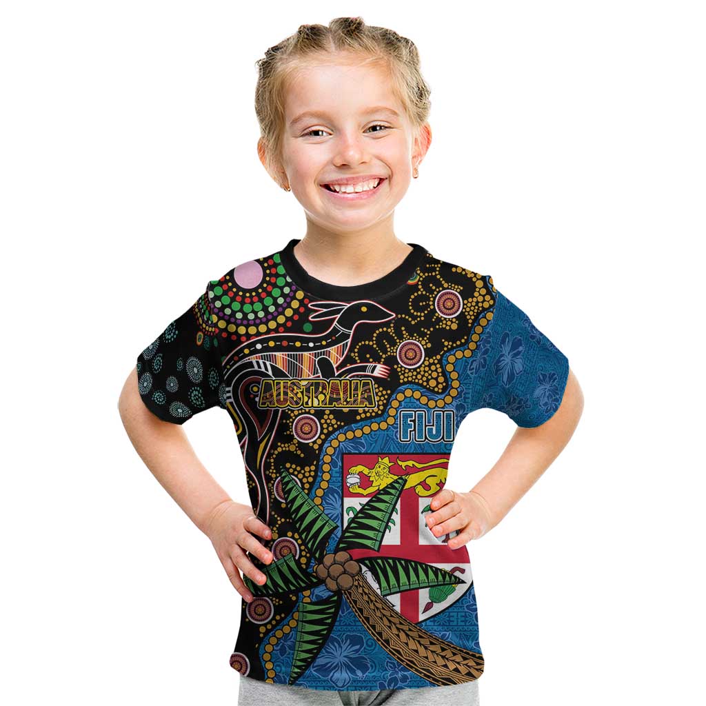 Fijian and Australian Culture Together Kid T Shirt Aboriginal Art and Tapa Motifs with Kangaroo and Palm Tree LT03 Black - Polynesian Pride