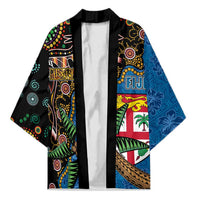 Fijian and Australian Culture Together Kimono Aboriginal Art and Tapa Motifs with Kangaroo and Palm Tree LT03 Unisex Black - Polynesian Pride