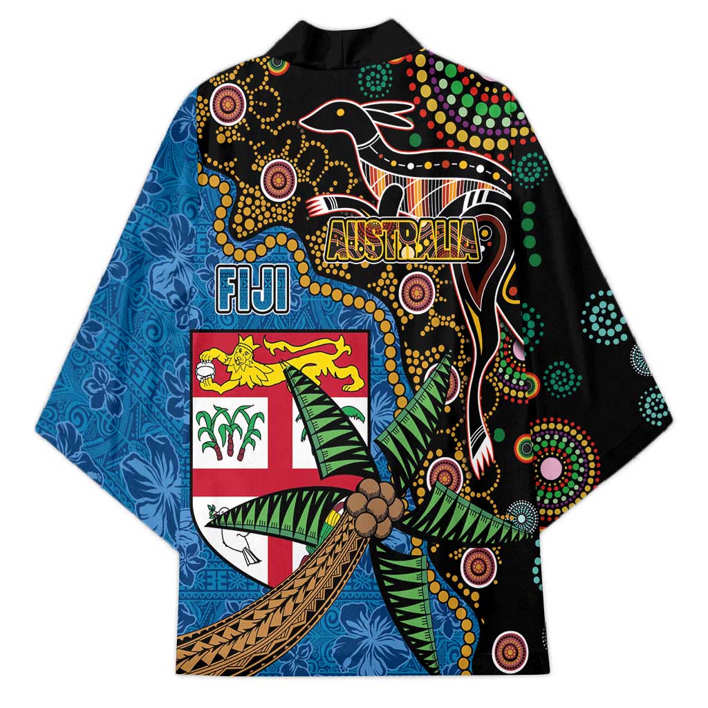 Fijian and Australian Culture Together Kimono Aboriginal Art and Tapa Motifs with Kangaroo and Palm Tree LT03 - Polynesian Pride