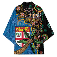 Fijian and Australian Culture Together Kimono Aboriginal Art and Tapa Motifs with Kangaroo and Palm Tree LT03 - Polynesian Pride