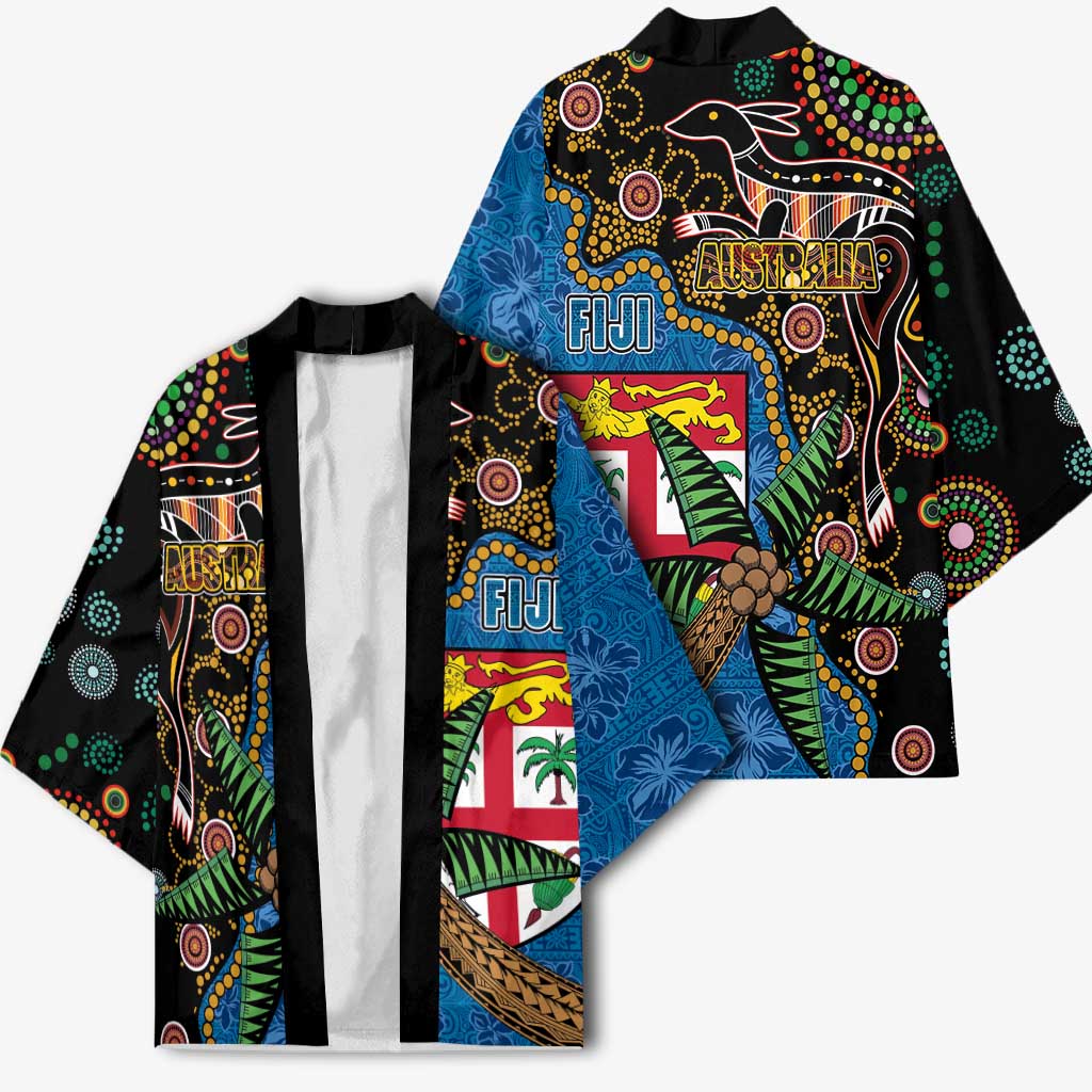 Fijian and Australian Culture Together Kimono Aboriginal Art and Tapa Motifs with Kangaroo and Palm Tree LT03 - Polynesian Pride
