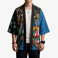 Fijian and Australian Culture Together Kimono Aboriginal Art and Tapa Motifs with Kangaroo and Palm Tree LT03 - Polynesian Pride