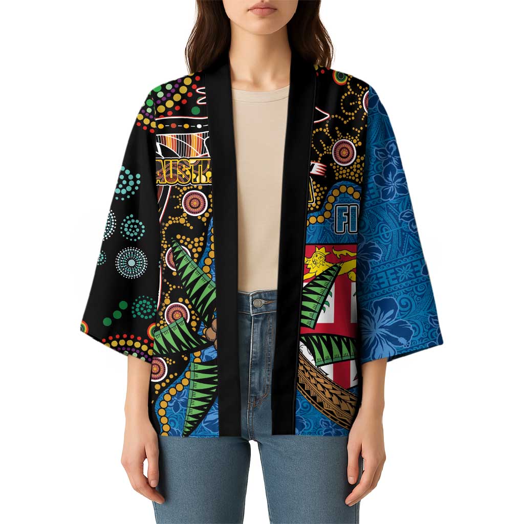 Fijian and Australian Culture Together Kimono Aboriginal Art and Tapa Motifs with Kangaroo and Palm Tree LT03 - Polynesian Pride