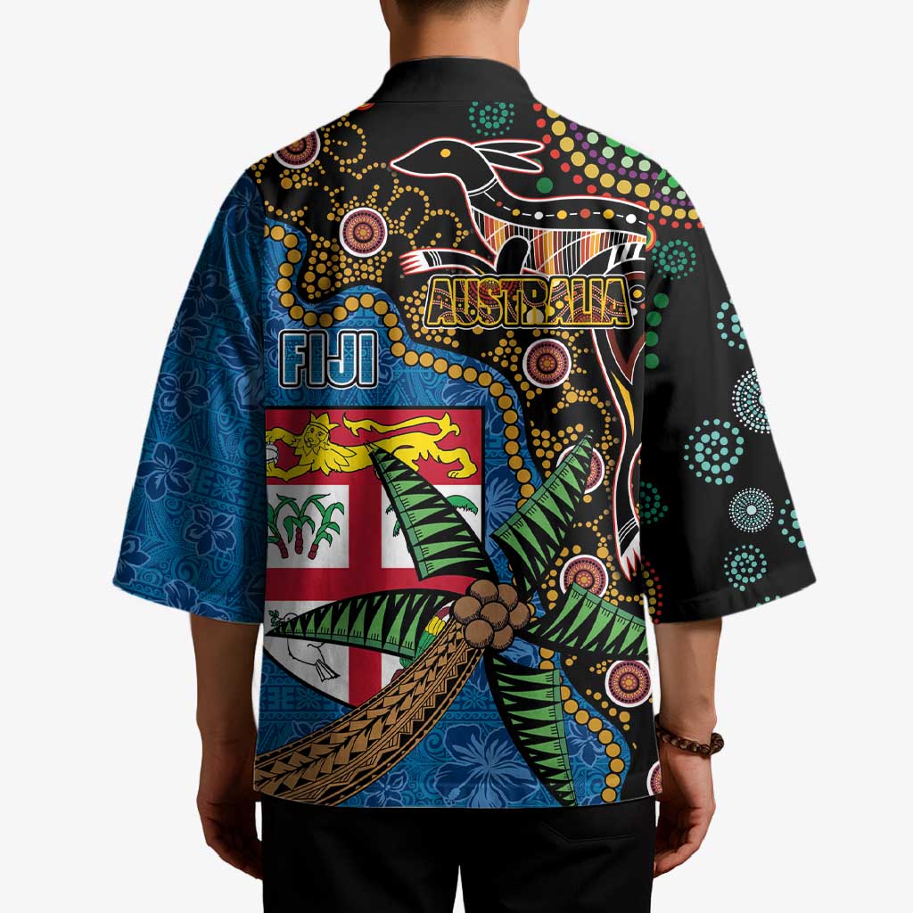 Fijian and Australian Culture Together Kimono Aboriginal Art and Tapa Motifs with Kangaroo and Palm Tree LT03 - Polynesian Pride