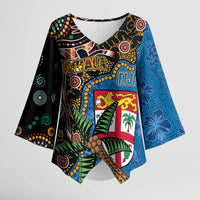 Fijian and Australian Culture Together Kimono Sleeve Blouse Aboriginal Art and Tapa Motifs with Kangaroo and Palm Tree LT03 Female Black - Polynesian Pride