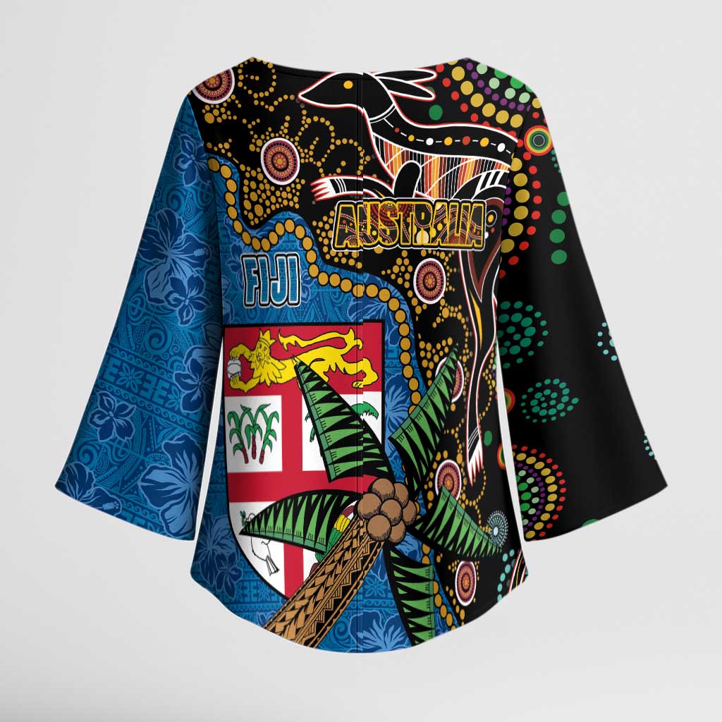 Fijian and Australian Culture Together Kimono Sleeve Blouse Aboriginal Art and Tapa Motifs with Kangaroo and Palm Tree LT03 - Polynesian Pride