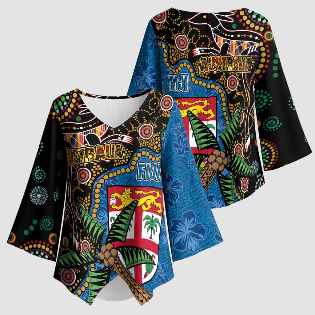 Fijian and Australian Culture Together Kimono Sleeve Blouse Aboriginal Art and Tapa Motifs with Kangaroo and Palm Tree LT03 - Polynesian Pride
