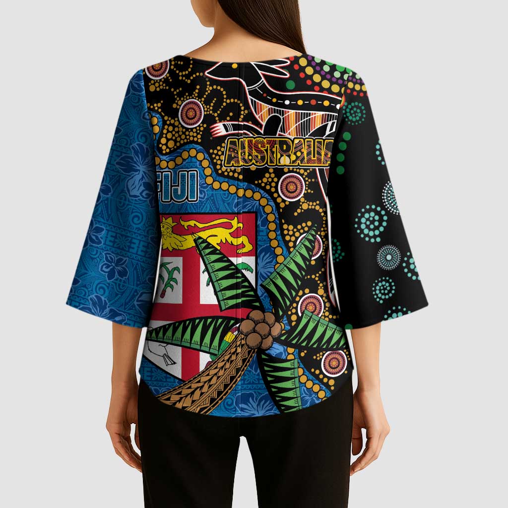Fijian and Australian Culture Together Kimono Sleeve Blouse Aboriginal Art and Tapa Motifs with Kangaroo and Palm Tree LT03 - Polynesian Pride