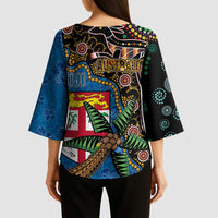 Fijian and Australian Culture Together Kimono Sleeve Blouse Aboriginal Art and Tapa Motifs with Kangaroo and Palm Tree LT03 - Polynesian Pride