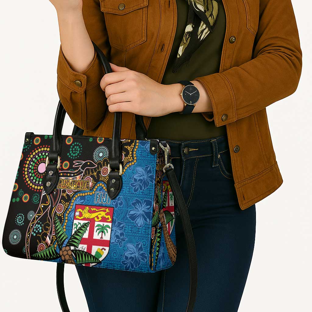 Fijian and Australian Culture Together Leather Bag Aboriginal Art and Tapa Motifs with Kangaroo and Palm Tree LT03 - Polynesian Pride