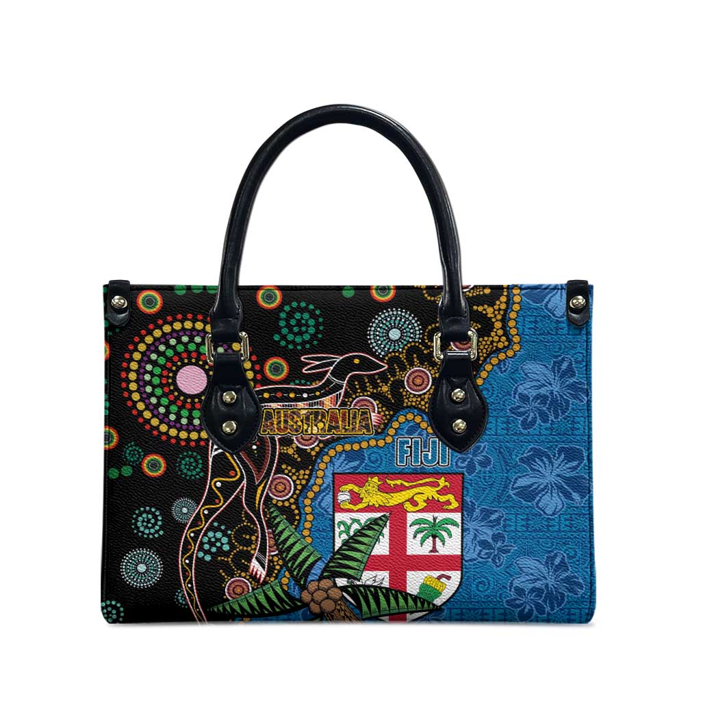 Fijian and Australian Culture Together Leather Bag Aboriginal Art and Tapa Motifs with Kangaroo and Palm Tree LT03 - Polynesian Pride