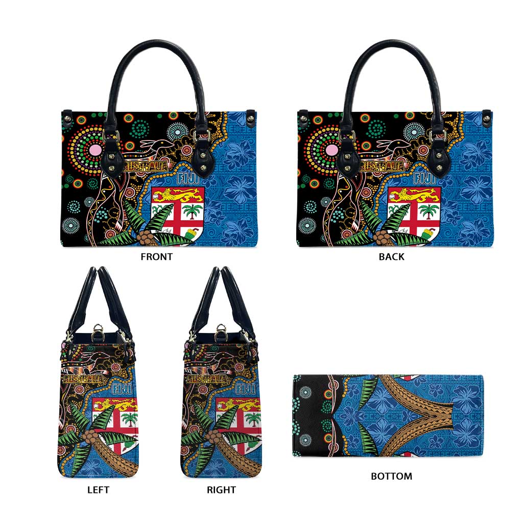 Fijian and Australian Culture Together Leather Bag Aboriginal Art and Tapa Motifs with Kangaroo and Palm Tree LT03 - Polynesian Pride
