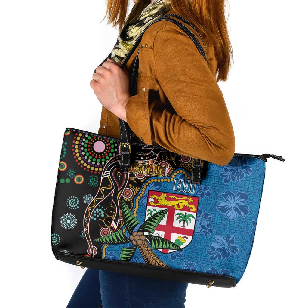 Fijian and Australian Culture Together Leather Tote Bag Aboriginal Art and Tapa Motifs with Kangaroo and Palm Tree LT03 Black - Polynesian Pride