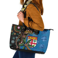 Fijian and Australian Culture Together Leather Tote Bag Aboriginal Art and Tapa Motifs with Kangaroo and Palm Tree LT03 Black - Polynesian Pride