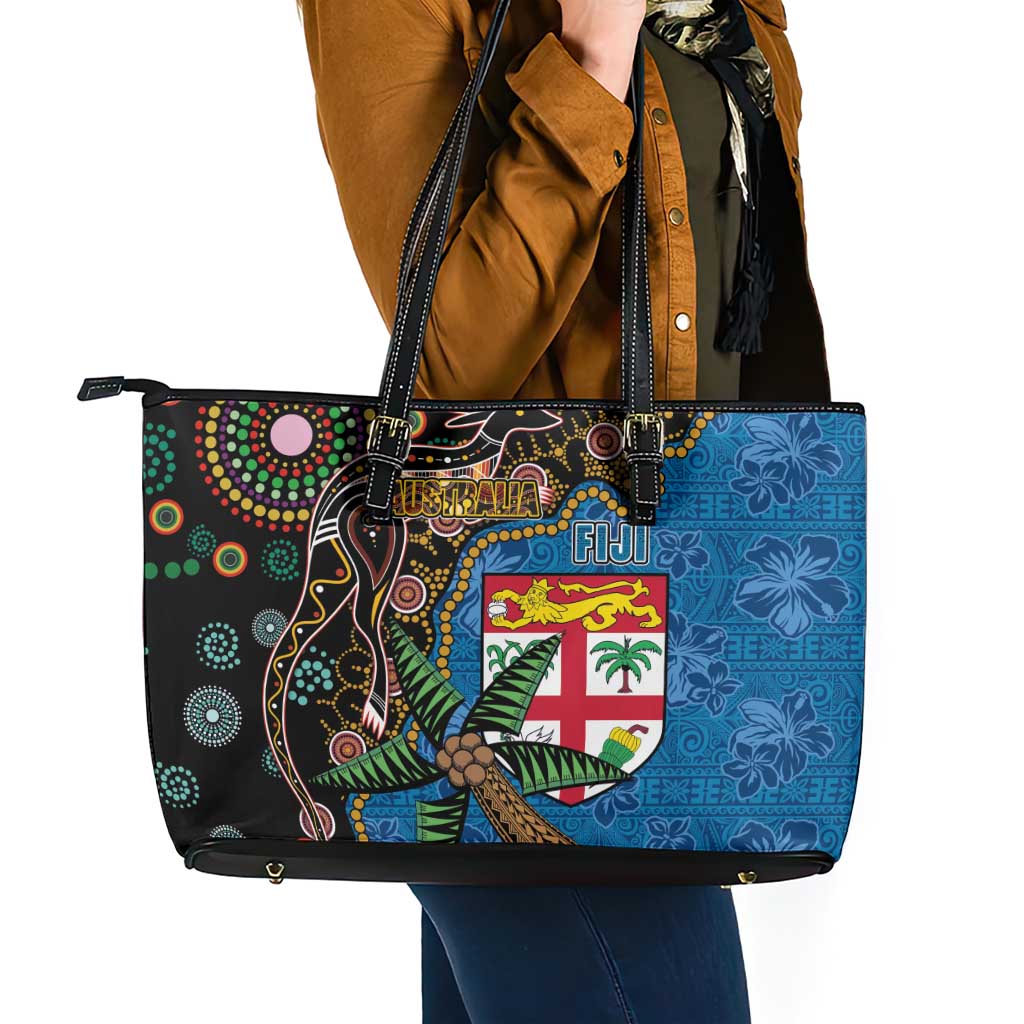 Fijian and Australian Culture Together Leather Tote Bag Aboriginal Art and Tapa Motifs with Kangaroo and Palm Tree LT03 - Polynesian Pride