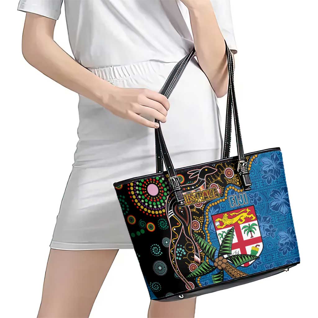 Fijian and Australian Culture Together Leather Tote Bag Aboriginal Art and Tapa Motifs with Kangaroo and Palm Tree LT03 - Polynesian Pride