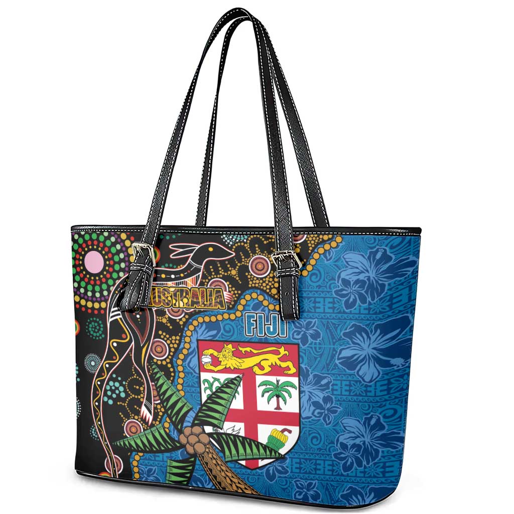 Fijian and Australian Culture Together Leather Tote Bag Aboriginal Art and Tapa Motifs with Kangaroo and Palm Tree LT03 - Polynesian Pride