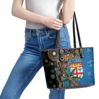 Fijian and Australian Culture Together Leather Tote Bag Aboriginal Art and Tapa Motifs with Kangaroo and Palm Tree LT03 - Polynesian Pride