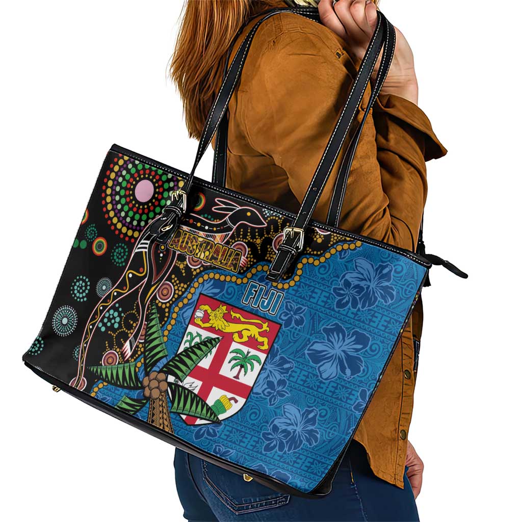 Fijian and Australian Culture Together Leather Tote Bag Aboriginal Art and Tapa Motifs with Kangaroo and Palm Tree LT03 - Polynesian Pride