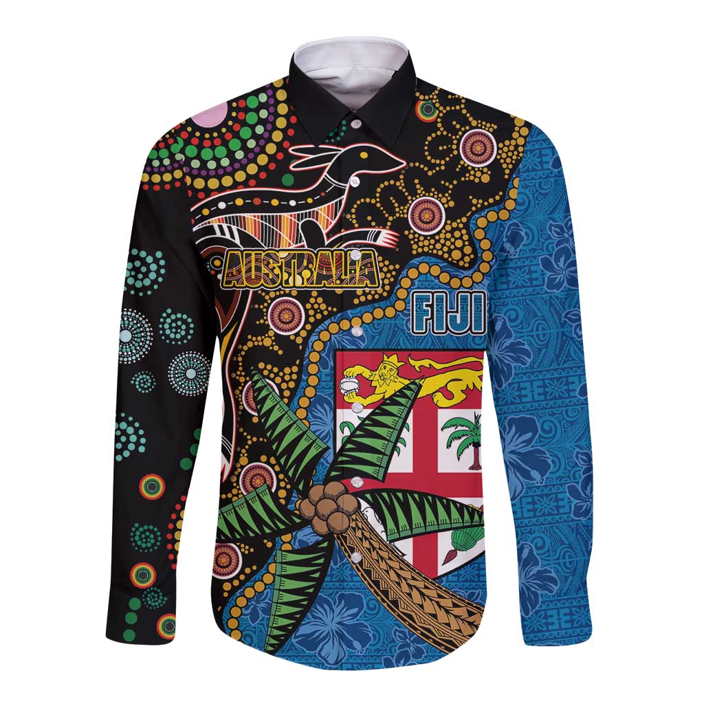 Fijian and Australian Culture Together Long Sleeve Button Shirt Aboriginal Art and Tapa Motifs with Kangaroo and Palm Tree LT03 Unisex Black - Polynesian Pride