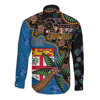 Fijian and Australian Culture Together Long Sleeve Button Shirt Aboriginal Art and Tapa Motifs with Kangaroo and Palm Tree LT03 - Polynesian Pride