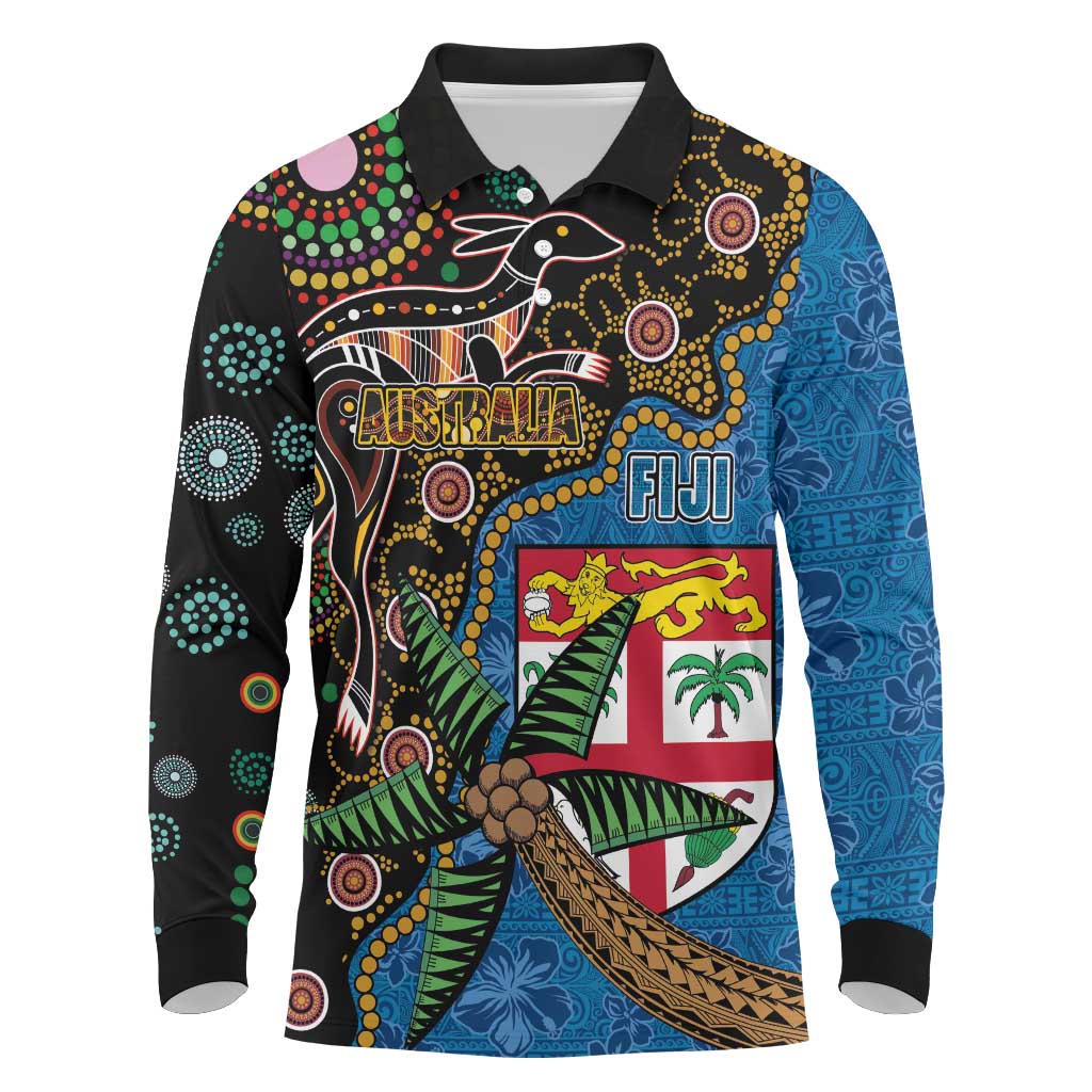 Fijian and Australian Culture Together Long Sleeve Polo Shirt Aboriginal Art and Tapa Motifs with Kangaroo and Palm Tree LT03 Black - Polynesian Pride