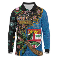 Fijian and Australian Culture Together Long Sleeve Polo Shirt Aboriginal Art and Tapa Motifs with Kangaroo and Palm Tree LT03 Black - Polynesian Pride