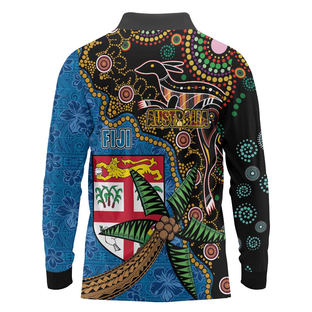 Fijian and Australian Culture Together Long Sleeve Polo Shirt Aboriginal Art and Tapa Motifs with Kangaroo and Palm Tree LT03 - Polynesian Pride