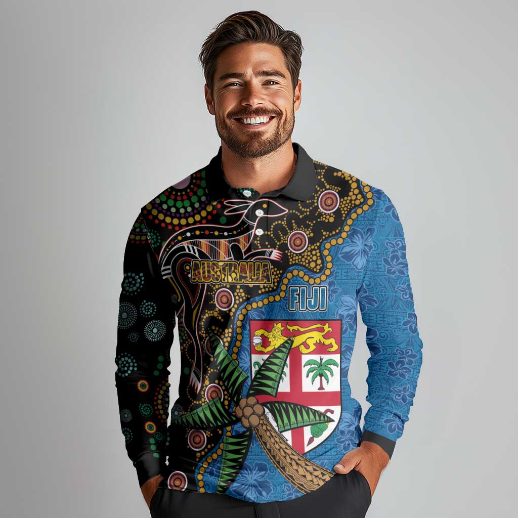 Fijian and Australian Culture Together Long Sleeve Polo Shirt Aboriginal Art and Tapa Motifs with Kangaroo and Palm Tree LT03 - Polynesian Pride