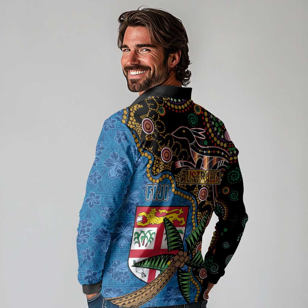Fijian and Australian Culture Together Long Sleeve Polo Shirt Aboriginal Art and Tapa Motifs with Kangaroo and Palm Tree LT03 - Polynesian Pride