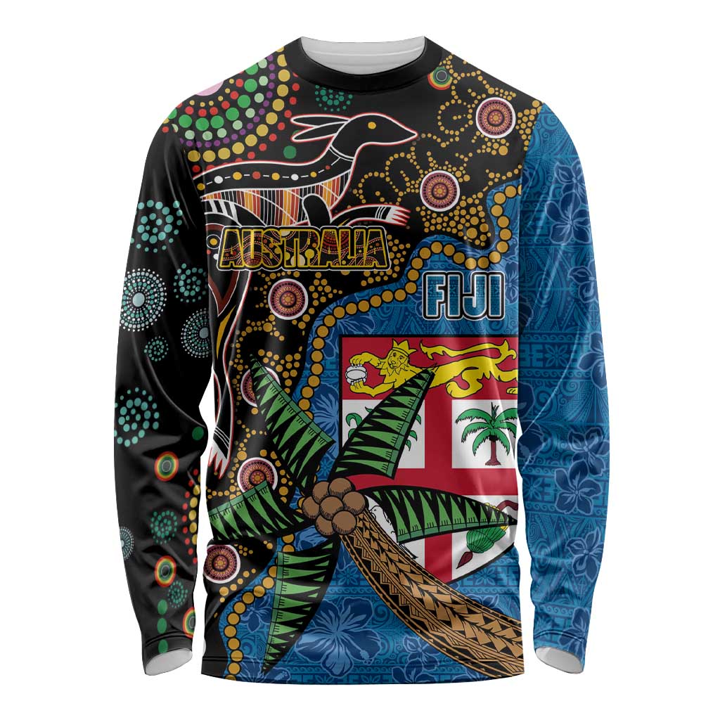 Fijian and Australian Culture Together Long Sleeve Shirt Aboriginal Art and Tapa Motifs with Kangaroo and Palm Tree LT03 Unisex Black - Polynesian Pride