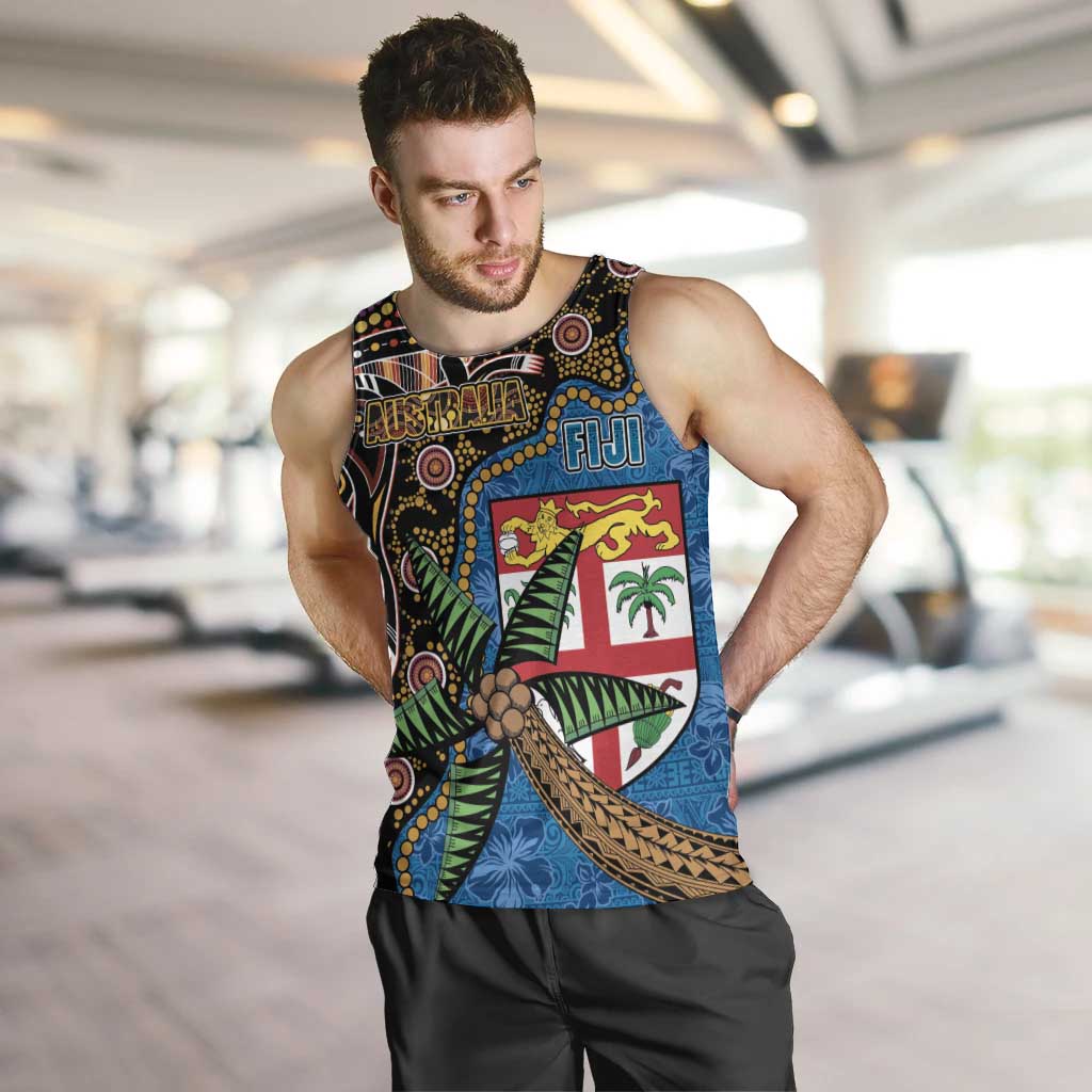 Fijian and Australian Culture Together Men Tank Top Aboriginal Art and Tapa Motifs with Kangaroo and Palm Tree LT03 Black - Polynesian Pride