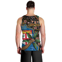 Fijian and Australian Culture Together Men Tank Top Aboriginal Art and Tapa Motifs with Kangaroo and Palm Tree LT03 - Polynesian Pride