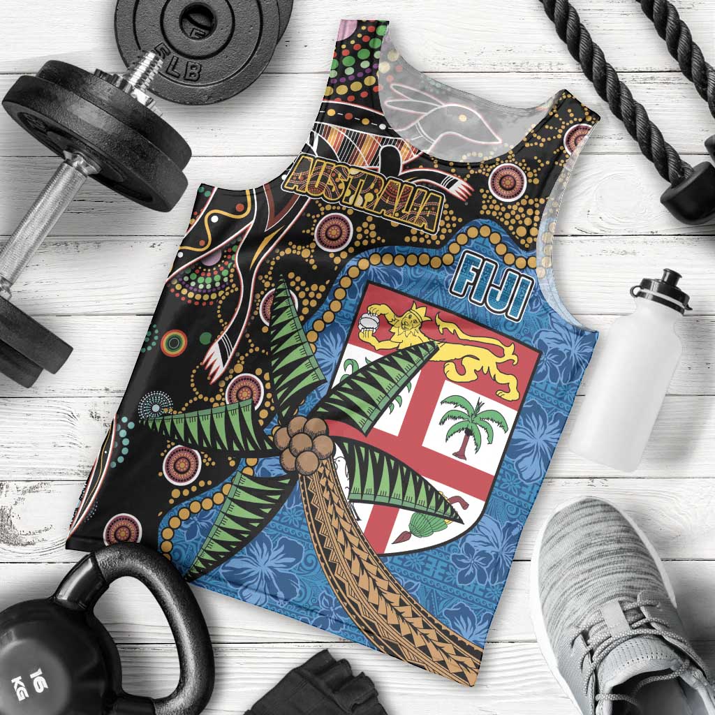 Fijian and Australian Culture Together Men Tank Top Aboriginal Art and Tapa Motifs with Kangaroo and Palm Tree LT03 - Polynesian Pride