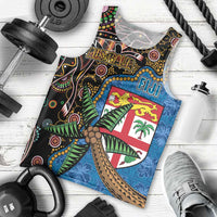 Fijian and Australian Culture Together Men Tank Top Aboriginal Art and Tapa Motifs with Kangaroo and Palm Tree LT03 - Polynesian Pride