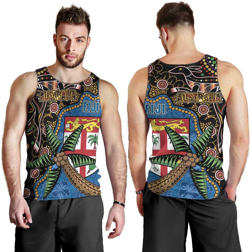 Fijian and Australian Culture Together Men Tank Top Aboriginal Art and Tapa Motifs with Kangaroo and Palm Tree LT03 - Polynesian Pride