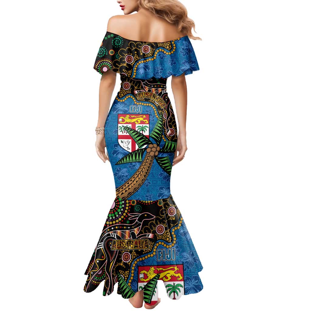 Fijian and Australian Culture Together Mermaid Dress Aboriginal Art and Tapa Motifs with Kangaroo and Palm Tree LT03 - Polynesian Pride