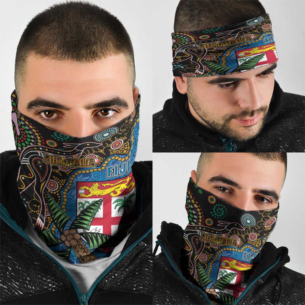 Fijian and Australian Culture Together Neck Gaiter Aboriginal Art and Tapa Motifs with Kangaroo and Palm Tree LT03 - Polynesian Pride