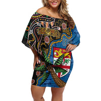 Fijian and Australian Culture Together Off Shoulder Short Dress Aboriginal Art and Tapa Motifs with Kangaroo and Palm Tree LT03 Women Black - Polynesian Pride
