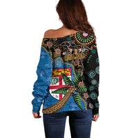 Fijian and Australian Culture Together Off Shoulder Sweater Aboriginal Art and Tapa Motifs with Kangaroo and Palm Tree LT03 - Polynesian Pride