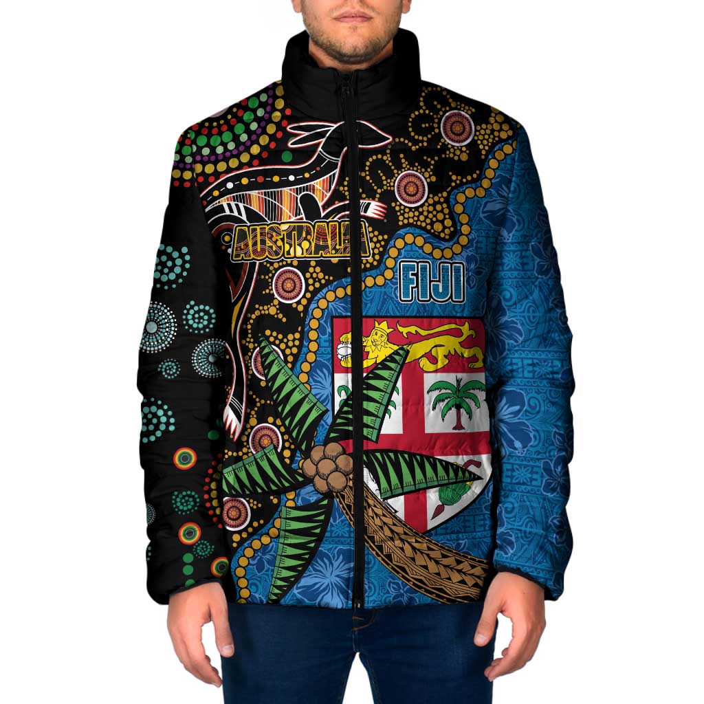 Fijian and Australian Culture Together Padded Jacket Aboriginal Art and Tapa Motifs with Kangaroo and Palm Tree LT03 Men Black - Polynesian Pride