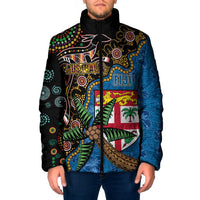 Fijian and Australian Culture Together Padded Jacket Aboriginal Art and Tapa Motifs with Kangaroo and Palm Tree LT03 Men Black - Polynesian Pride