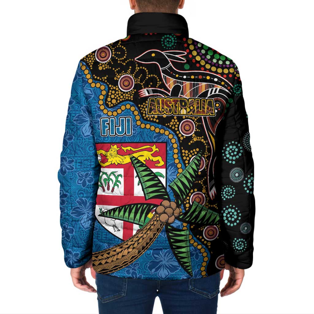 Fijian and Australian Culture Together Padded Jacket Aboriginal Art and Tapa Motifs with Kangaroo and Palm Tree LT03 - Polynesian Pride