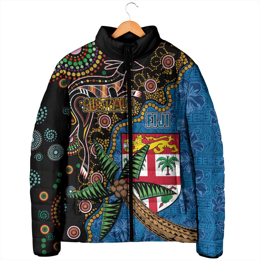 Fijian and Australian Culture Together Padded Jacket Aboriginal Art and Tapa Motifs with Kangaroo and Palm Tree LT03 - Polynesian Pride