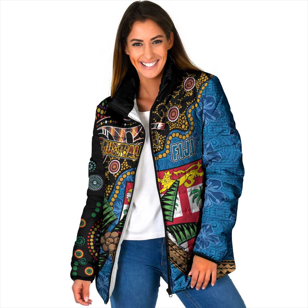 Fijian and Australian Culture Together Padded Jacket Aboriginal Art and Tapa Motifs with Kangaroo and Palm Tree LT03 Women Black - Polynesian Pride