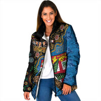 Fijian and Australian Culture Together Padded Jacket Aboriginal Art and Tapa Motifs with Kangaroo and Palm Tree LT03 Women Black - Polynesian Pride