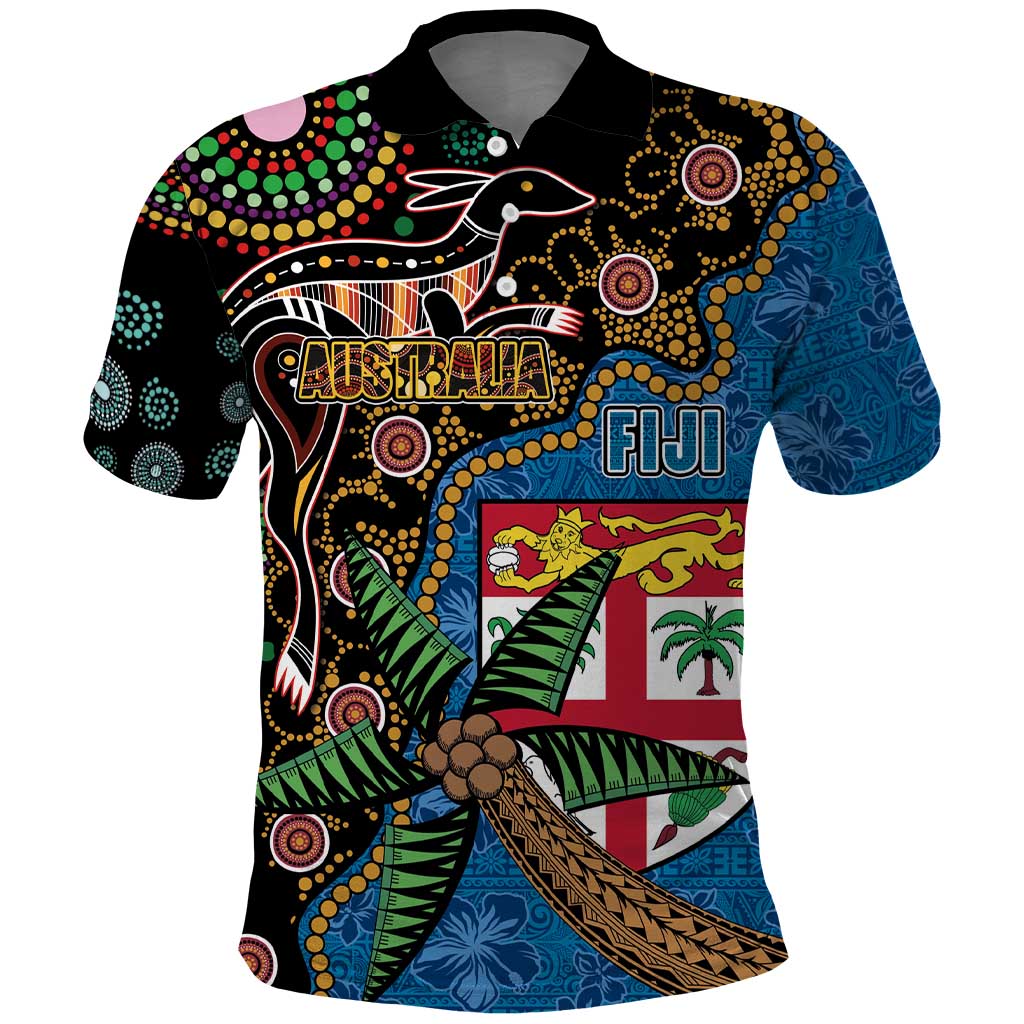 Fijian and Australian Culture Together Polo Shirt Aboriginal Art and Tapa Motifs with Kangaroo and Palm Tree LT03 Black - Polynesian Pride