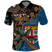 Fijian and Australian Culture Together Polo Shirt Aboriginal Art and Tapa Motifs with Kangaroo and Palm Tree LT03 Black - Polynesian Pride